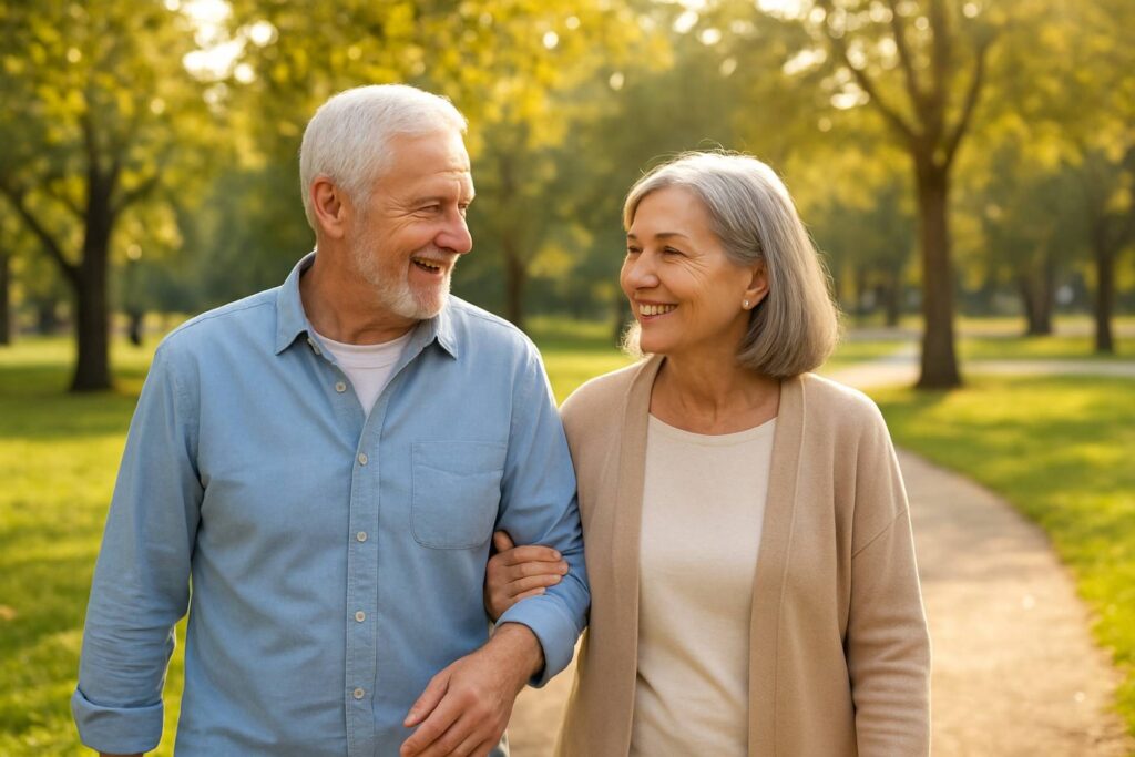 快樂的退休夫婦在戶外散步