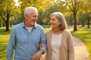 快樂的退休夫婦在戶外散步